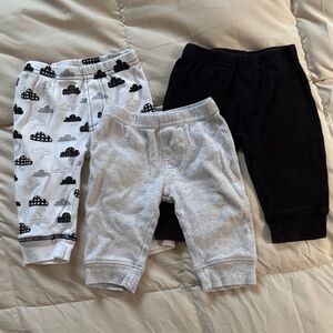 Baby Pants Three Pairs Cloud Pattern Joggers Black, Gray, White Size 3-6 Month
